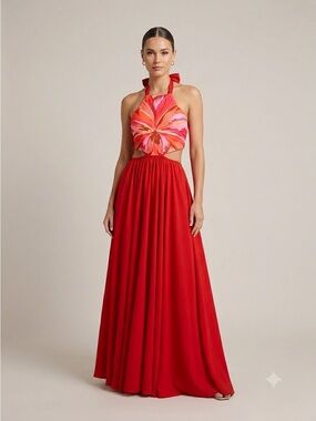 Maaji Floral Butterfly Cutout Halter Maxi Dress Red Pink Vacation Size Medium